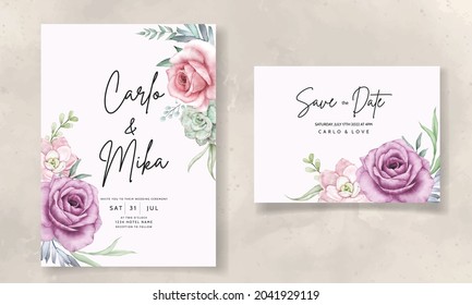 beautiful hand drawing watercolor succulent plant and rose flower wedding invitation template