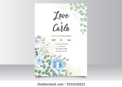 Beautiful hand drawing wedding invitation blue floral design