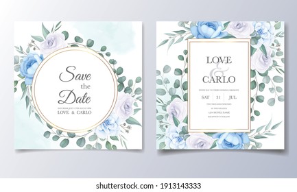Beautiful hand drawing wedding invitation blue floral design