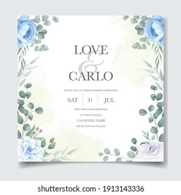 Beautiful hand drawing wedding invitation blue floral design