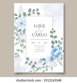 Beautiful hand drawing wedding invitation blue floral design