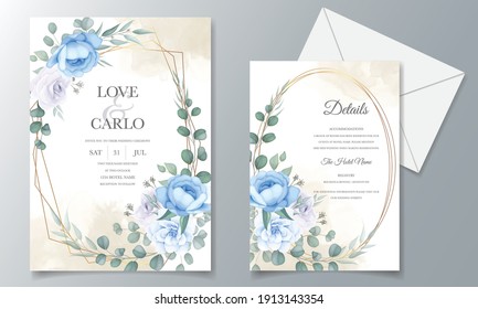 Beautiful Hand Drawing Wedding Invitation Blue Floral Design