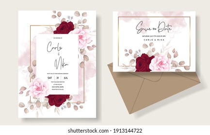 Beautiful hand drawing wedding invitation maroon floral design