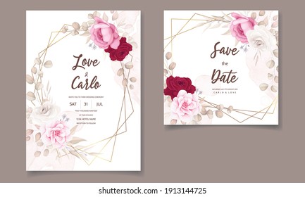 Hermoso dibujo a mano invitación de boda diseño marrón floral