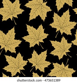 Beautiful hand drawn autumn foliage seamless vector pattern. Black and gold fall leaf. Vector illustration EPS10