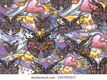 Beautiful hand drawn backdrop with pink hearts and butterfly wings for textiles or prints. Detailed grunge backdrop for business, covers, fashion, posters, scrapbooking, tiles, carpets, interiors
