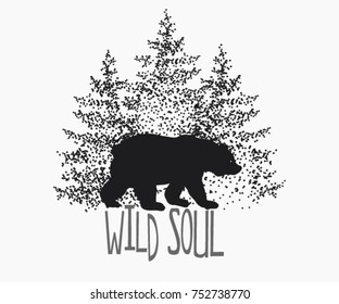 Beautiful hand drawn  background with bear, winter forest landscape.