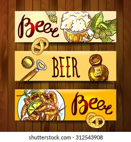 Beautiful hand drawn banners  beer and snacks. Food top view.
