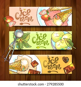 Beautiful hand drawn banners homemade ice cream on the wood background top view.Oll elements are in clipping mask.