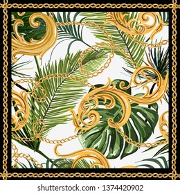 Beautiful hand drawn Baroque striped vector pattern illustration with golden ribbons and chains, tropical leaves. Abstract Vintage patch for scarfs, print, fabric.