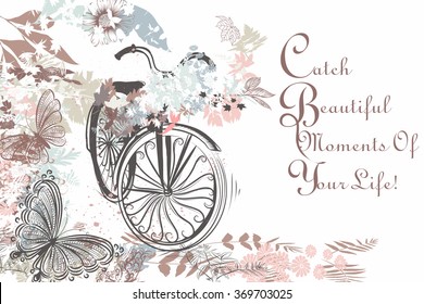 Beautiful hand drawn bicycle with butterflies and floral rustic style