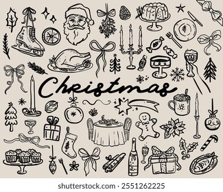 Beautiful hand drawn big collection of whimsical style vector Christmas illustrations