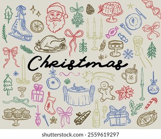 Beautiful hand drawn big collection of whimsical style vector Christmas illustrations
