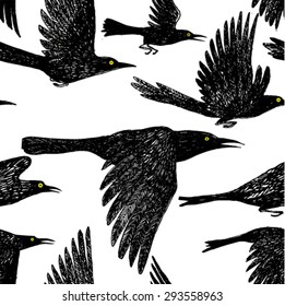 beautiful hand drawn black birds flying seamless vector pattern