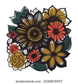 Hermosas flores de trazo negro dibujadas a mano con formas de color decorativas sobre fondo blanco. Ilustración vectorial.