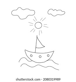 A Beautiful hand drawn black vector illustration of one toy boat with a flag isolated on a white background for coloring book for children