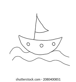A Beautiful hand drawn black vector illustration of one toy boat with a flag isolated on a white background for coloring book for children