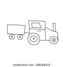 Beautiful hand drawn black vector illustration of toy tractor with a trailer isolated on a white background for coloring book for children