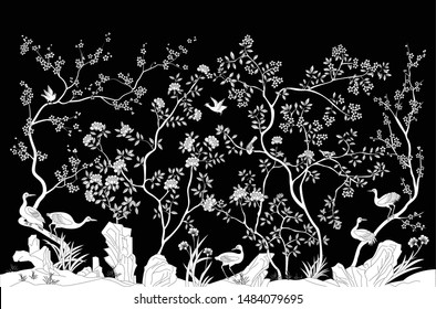 beautiful hand drawn black and white tree and birds