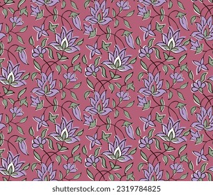 BEAUTIFUL HAND DRAWN BLOCK PRINT KALAMKARI STYLE SEAMLESS FLORAL