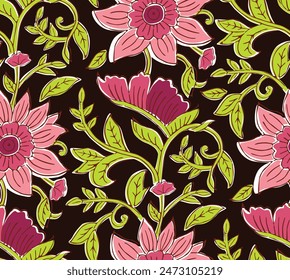 BEAUTIFUL HAND DRAWN BLOCK PRINT KALAMKARI STYLE SEAMLESS FLORAL ALL OVER PRINT