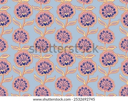 BEAUTIFUL HAND DRAWN BLOCK PRINT KALAMKARI STYLE SEAMLESS FLORAL ALL OVER PRINT