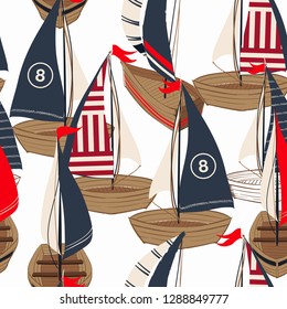 Beautiful hand drawn boat on the ocean seamless pattern in vector design for fashion,fabric,web,wallpaper,and prints on white background color