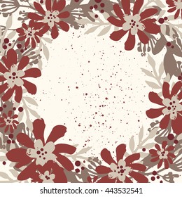 Beautiful hand drawn boho floral wreath. Flowers, branches and leaves rustic vector invitation. Nature decorative element, save the date template. 