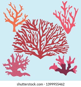 Beautiful hand drawn botanical vector illustration with tropical corals. Isolated on blue background. 