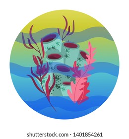 Beautiful hand drawn botanical vector illustration with tropical corals. Isolated on blue background. 