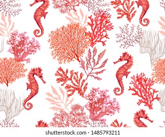 Beautiful hand drawn botanical vector seamless pattern illustration with tropical corals sea horse. Isolated on white background.