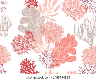 Beautiful hand drawn botanical vector seamless pattern illustration with tropical corals sea horse. Isolated on white background.