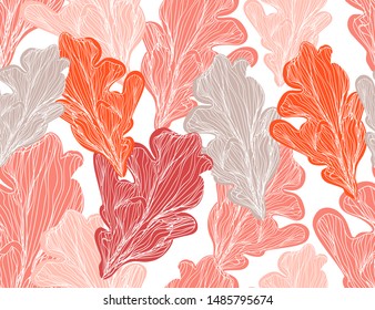 Beautiful hand drawn botanical vector seamless pattern illustration with tropical corals. Isolated on white background.