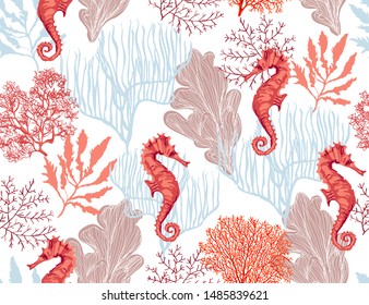 Beautiful hand drawn botanical vector seamless pattern illustration with tropical corals sea horse Isolated on white background.