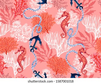 Beautiful hand drawn botanical vector seamless pattern illustration with tropical corals sea horse, anchor ropes. Isolated on coral background.
