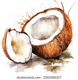 Beautiful hand drawn botanical vector illustration background with coconut fruit in watercolor style. Isolated on white background.