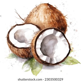 Hermoso fondo de ilustración botánica vectorial dibujado a mano con fruto de coco al estilo de acuarela. Aislado sobre fondo blanco.