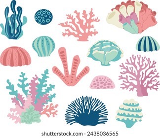 Beautiful hand drawn botanical vector illustration with tropical corals. Isolated on white background. Trendy flat vector illustration isolated on white for stickers