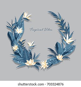 Beautiful hand drawn botanical vector illustration with tropical leaves. Isolated on grey background.