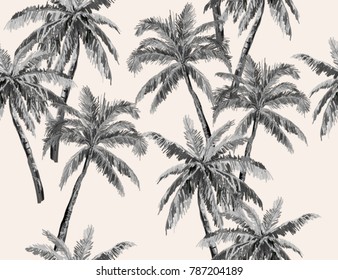 Beautiful hand drawn botanical vector seamless pattern background with palm trees. Isolated on white background.