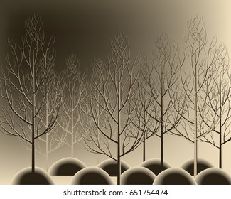 Beautiful hand drawn branches forest without leaves. Nice autumn tree.