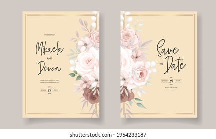 Beautiful hand drawn brown floral wedding invitation card design