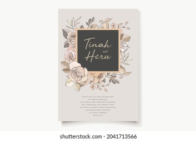 beautiful hand drawn brown roses wedding invitation card set