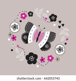 beautiful hand drawn butterfly, greeting, invitation, birthday card vector illustration
