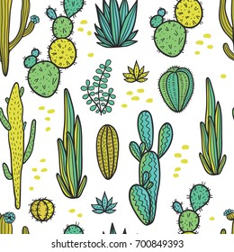 Beautiful hand drawn cacti abstract natural seamless pattern.