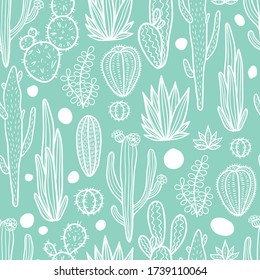 Beautiful hand drawn cacti doodle seamless pattern.