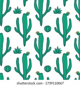 Beautiful hand drawn cacti doodle seamless pattern.