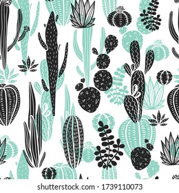 Beautiful hand drawn cacti doodle seamless pattern.