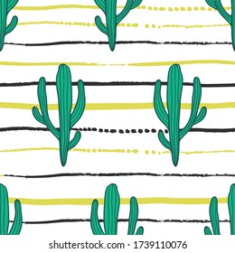 Beautiful hand drawn cacti doodle seamless pattern.