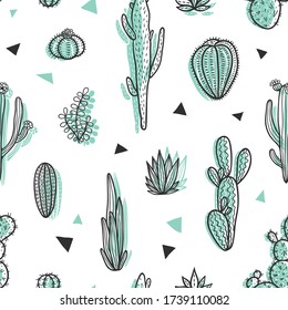 Beautiful hand drawn cacti doodle seamless pattern.